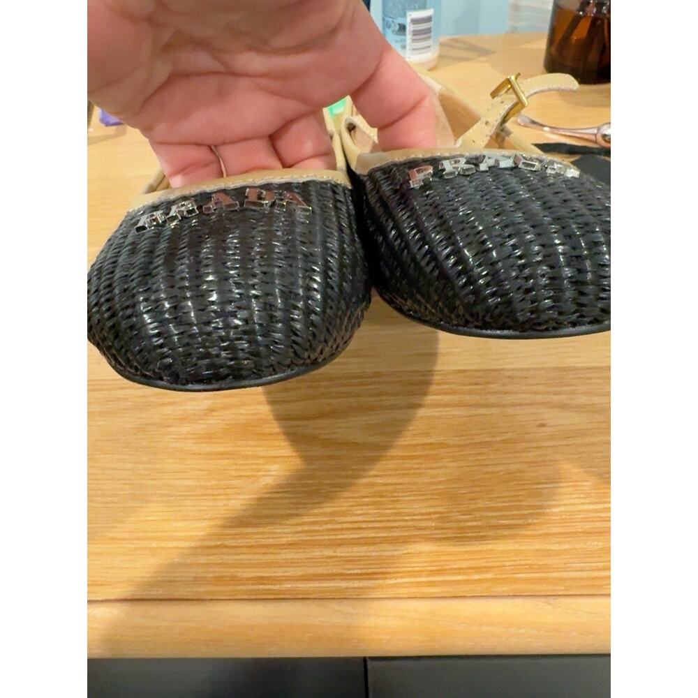 Prada Milano Woven Mary Jane Flats Black Tan Leather Size 38 Made in Italy New - Picture 2 of 16